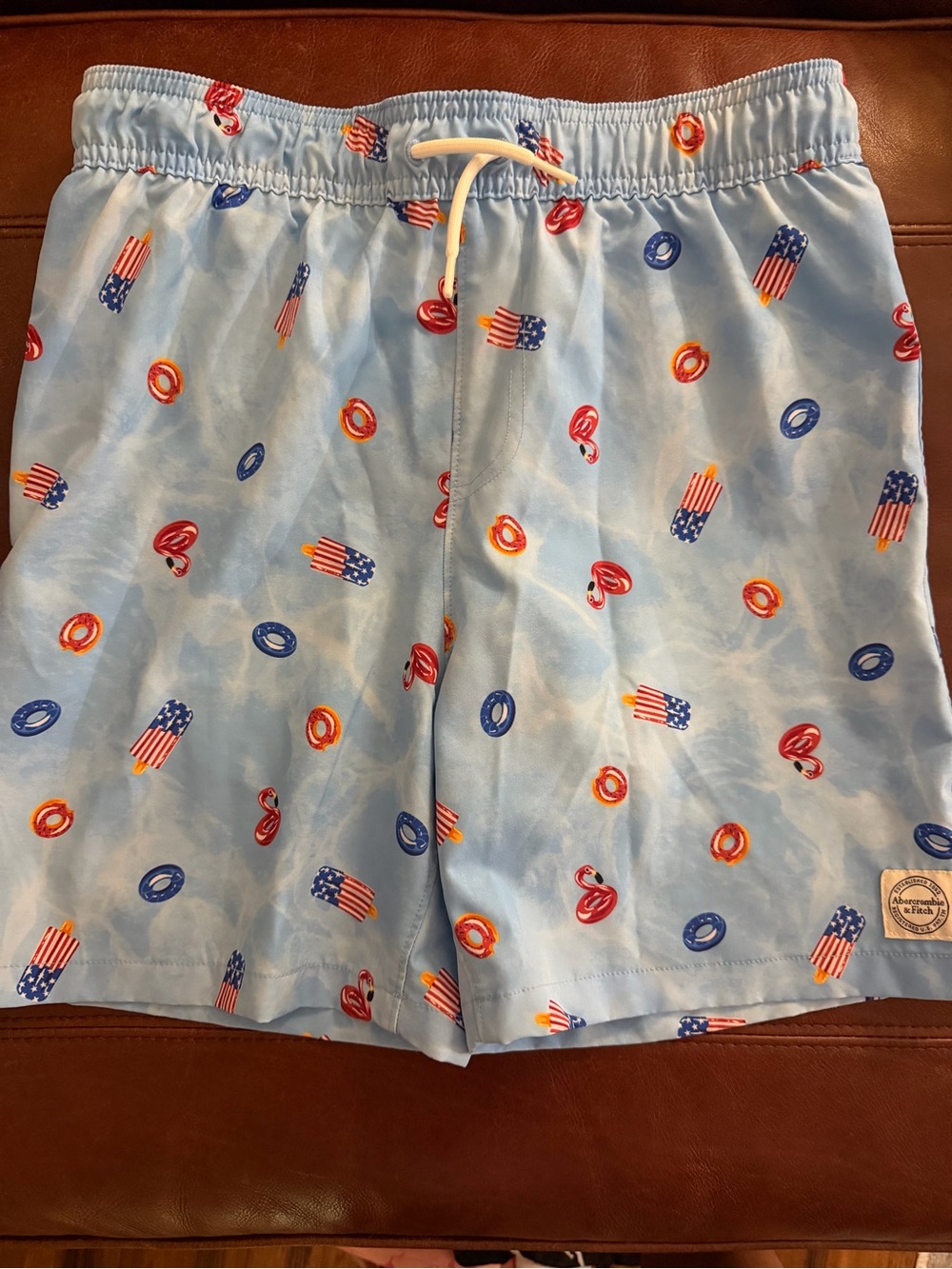 abercrombie kids Light Blue Flag & Float Print Swim Trunks